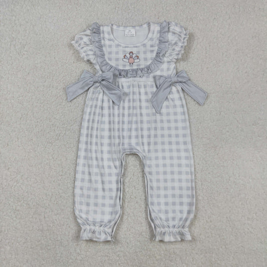 SR1970 Thanksgiving turkey checkered long sleeve girls bows romper