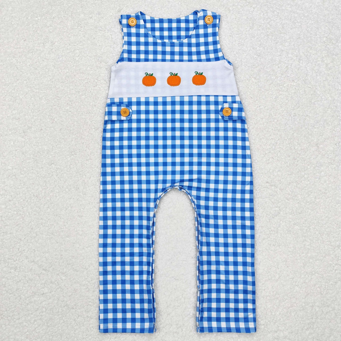 embroidery SR1949 Autumn pumpkin blue checkered sleeveless boys romper