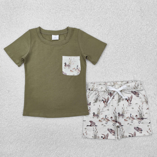 BSSO1175 Mallard Duck Green Pocket Short Sleeve Shorts Boys Set
