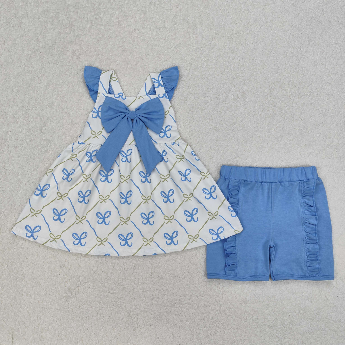GSSO2109 blue bows pink bows with bow flutter sleeve shorts girls set
