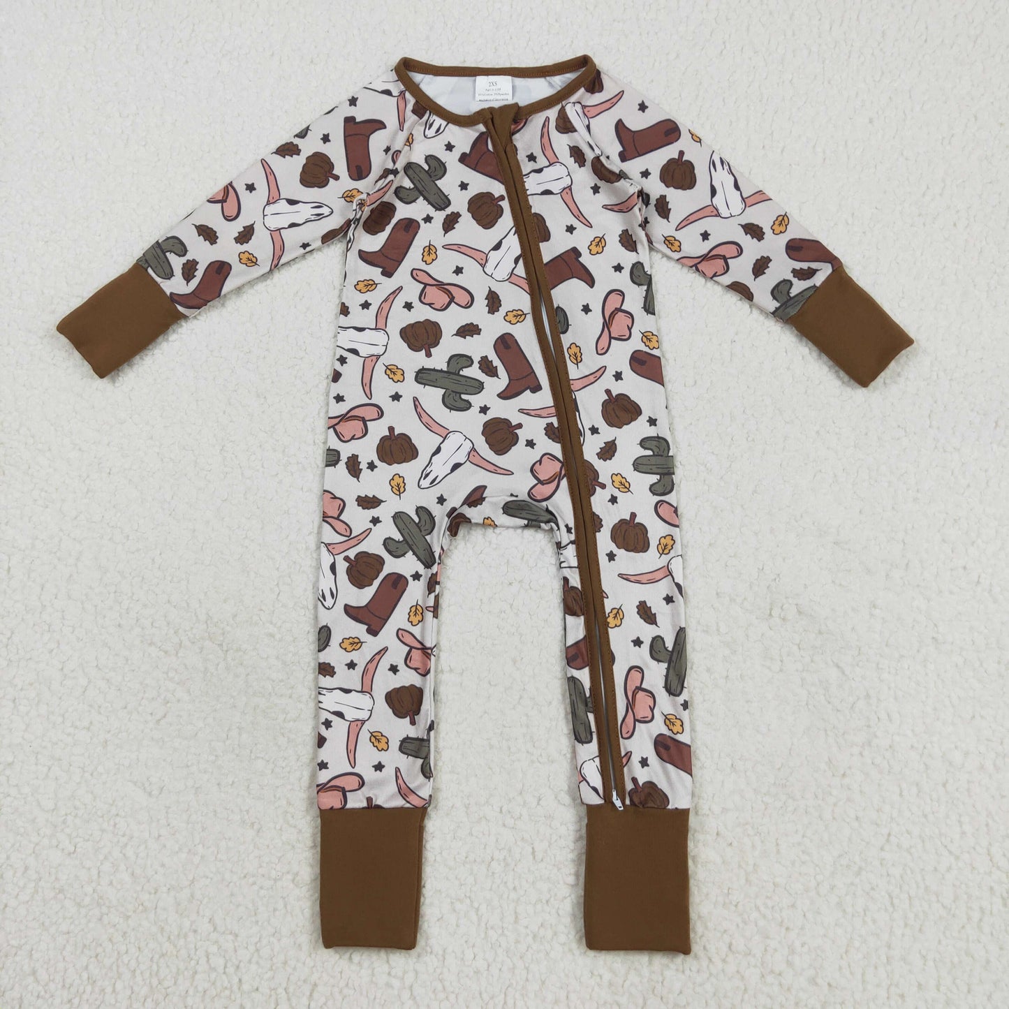 Custom moq 20 bamboo Western Autunmn pumpkin cow cactus zipper long sleeve boys romper