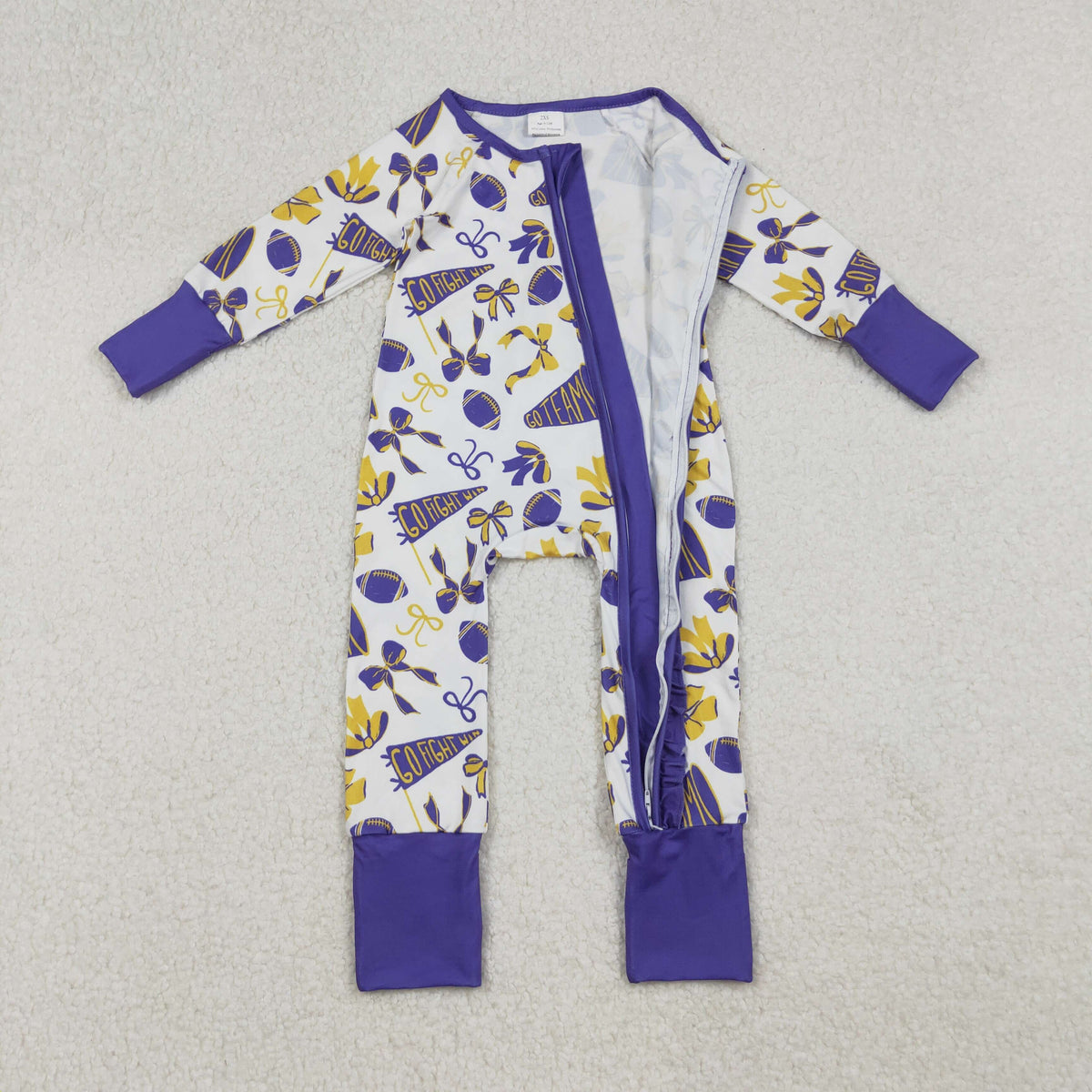 LR2513 cheer purple golden football bows zipper long sleeve girls romper