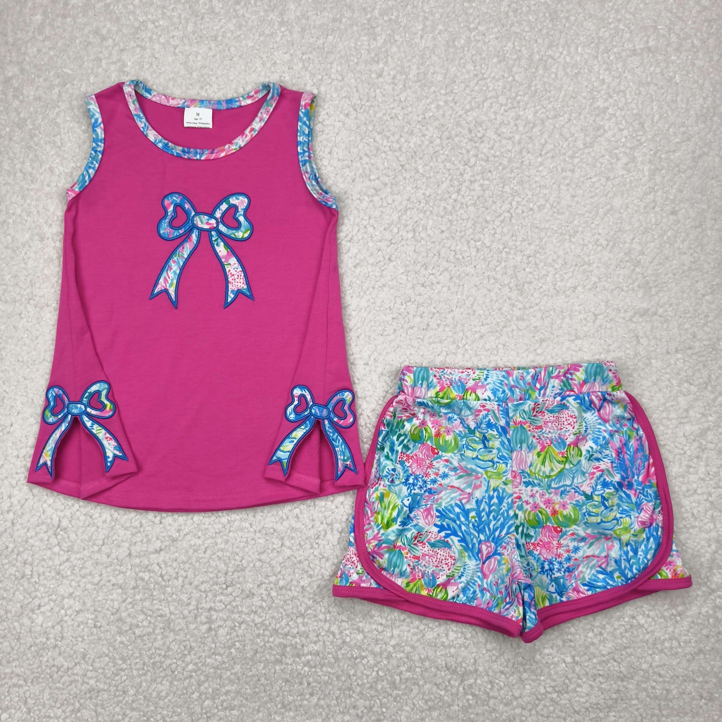 embroidery GSSO2149 bows spilt bows hot pink sleevless colorful printing shorts grils set