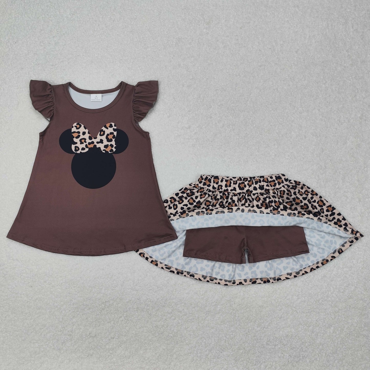 GSD1664 Cartoon M Bow Brown Flutter Sleeve Leopard Skirt With Shorts Girls Set