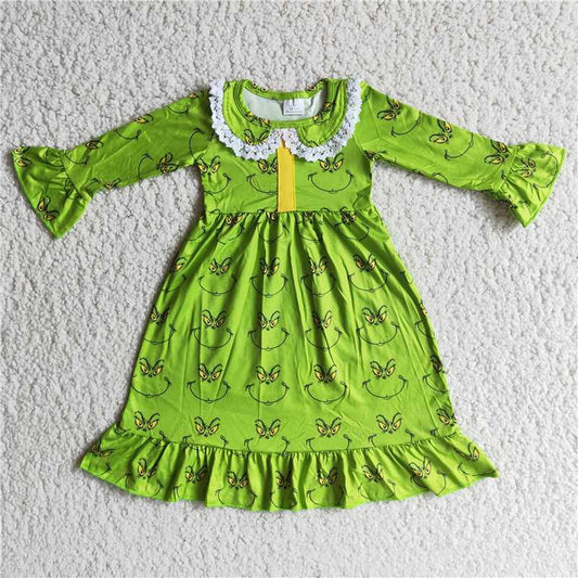 Christmas Green Face Long Sleeve Girls Dress