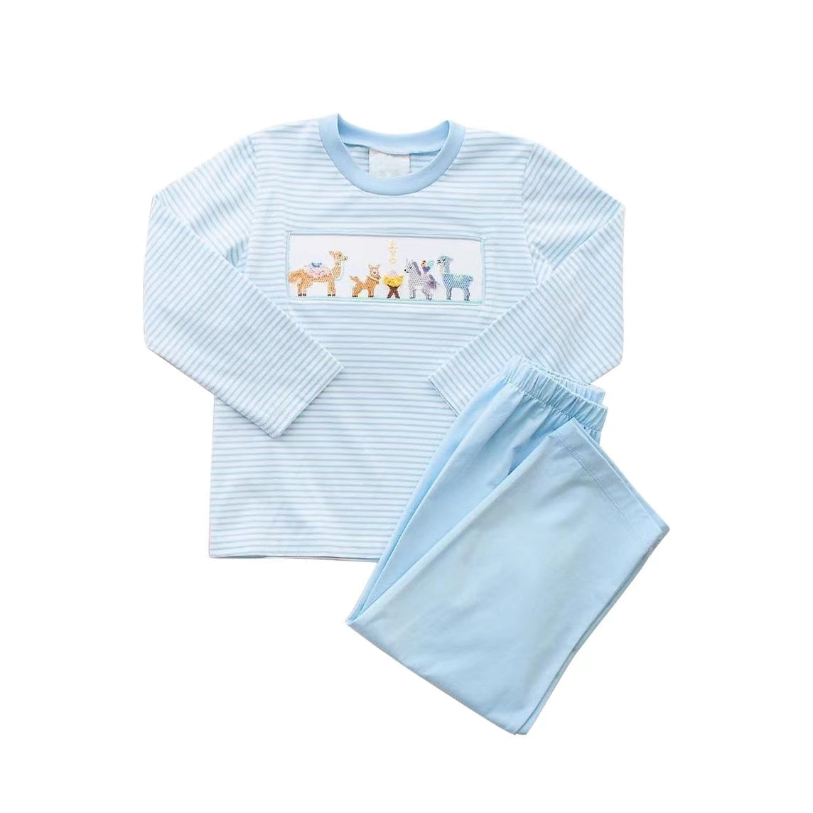 custom deer giraffe blue striped long sleeve blue pants boys set