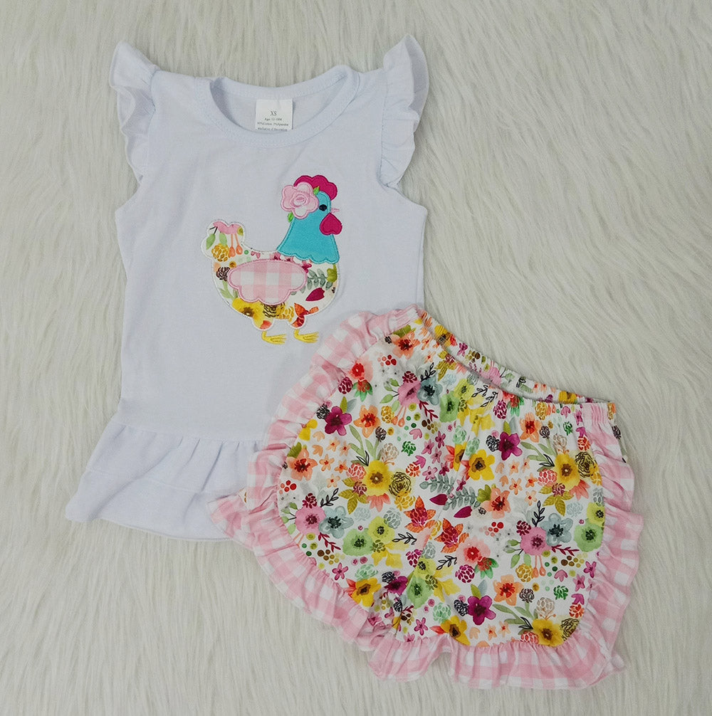 A16-10 Chick Embroidery Flutter Sleeve Floral Pint Shorts Set