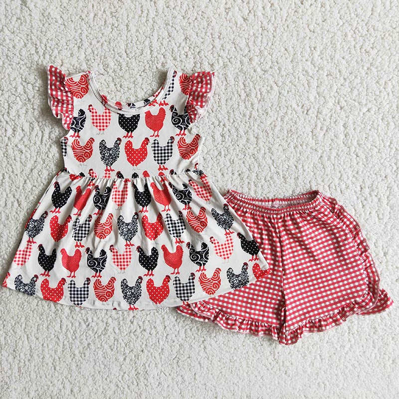 A3-22 Chicken Print Summer Farm Baby Girls Outfits