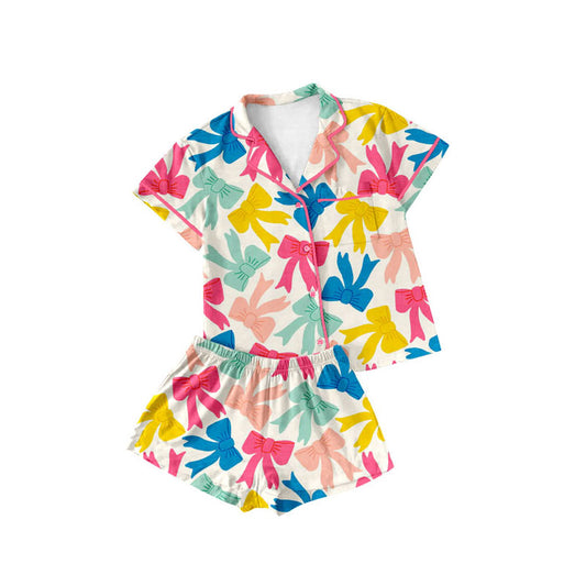 custom moq 5 colorful bows short sleeve shorts girls pajamas