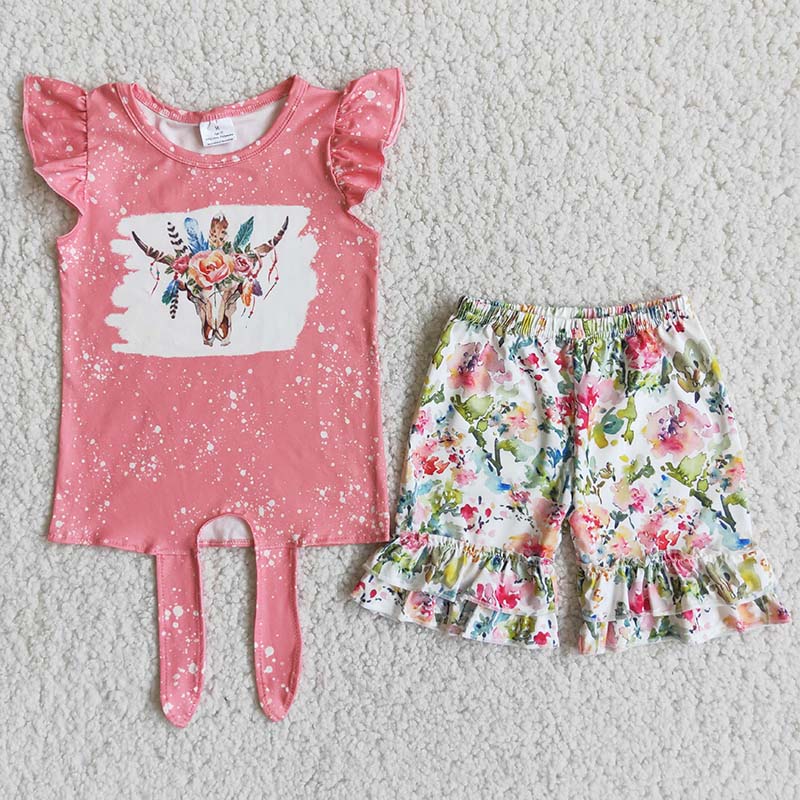 Flutter Pink Bleach Design Floral Print Shorts Girls Set