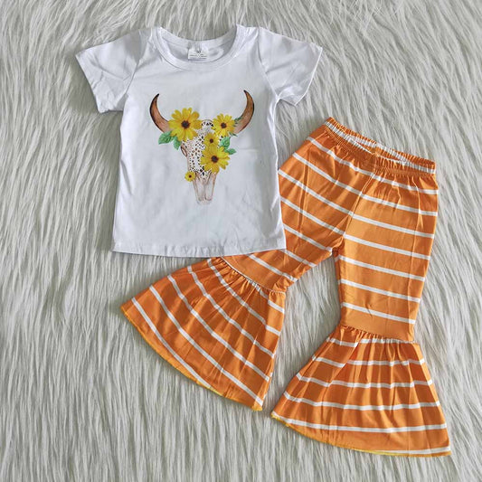 Sunflower Heifer Orange Striped Print Baby Girl Set