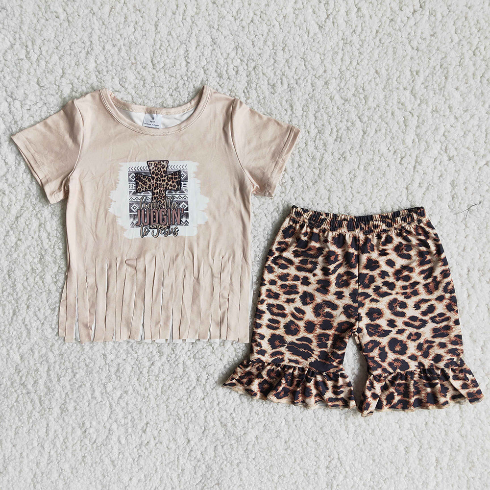 A16-11 Jesus Cross Tassels Leopard Print Girls Outfits