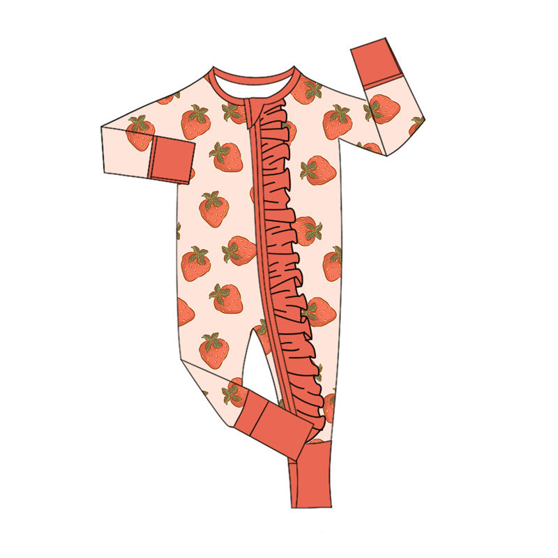 Custom moq 20 bamboo cute strawberry long sleeve zipper girls romper