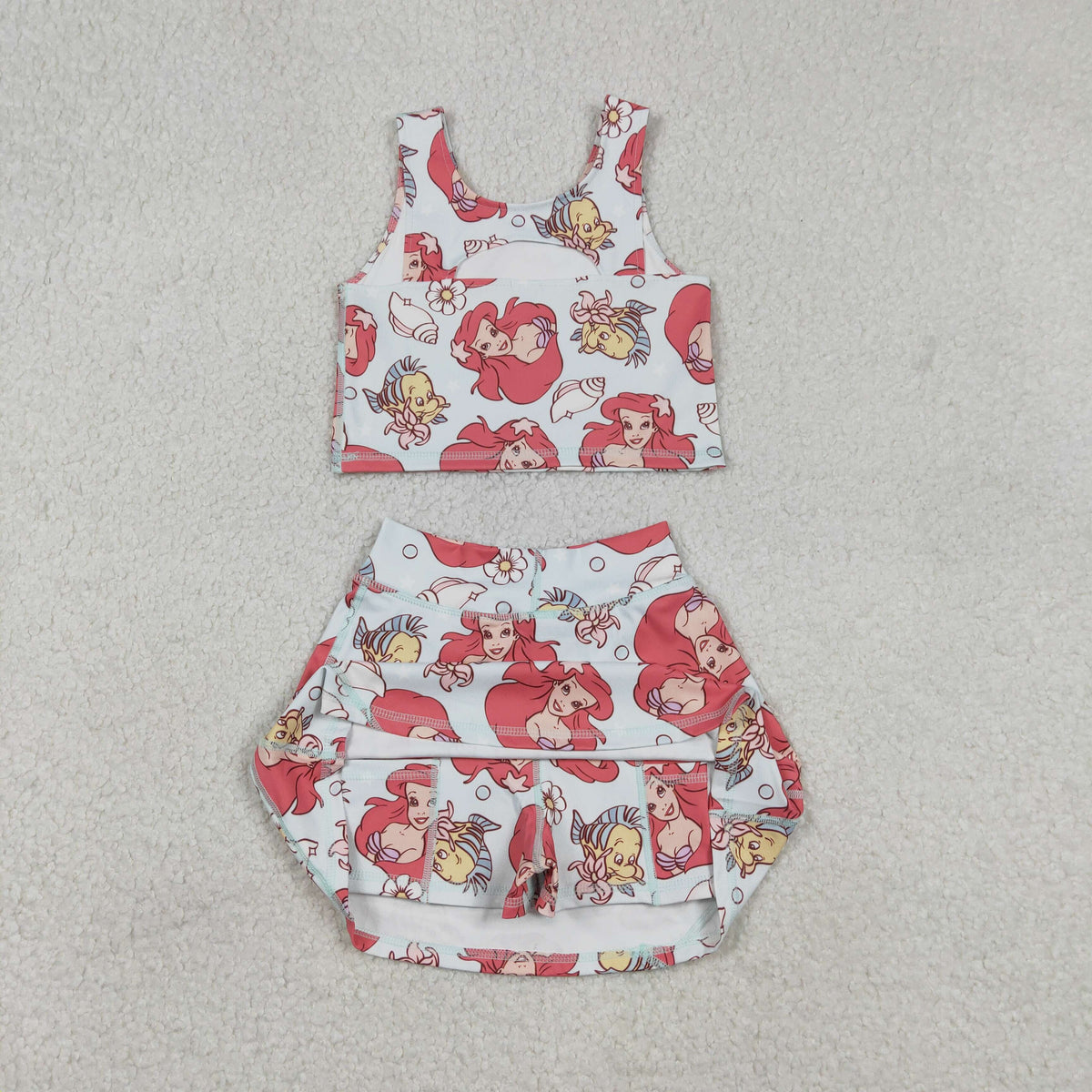 GSD2354 yoga cartoon mermaid fish sleeveless shorts girls set