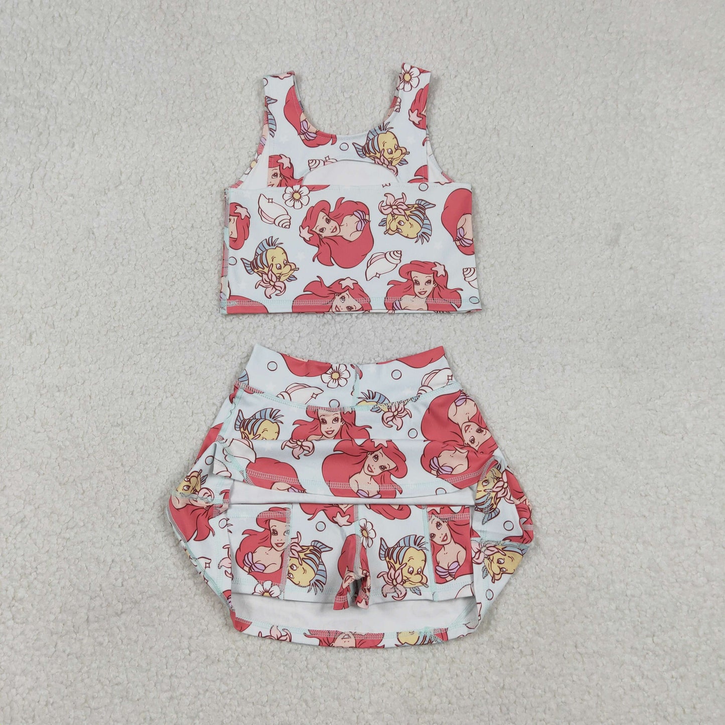 GSD2354 yoga cartoon mermaid fish sleeveless shorts girls set