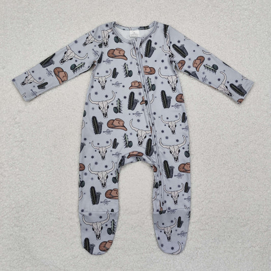 LR2098 Western cow cactus hat long sleeve zipper boys romper