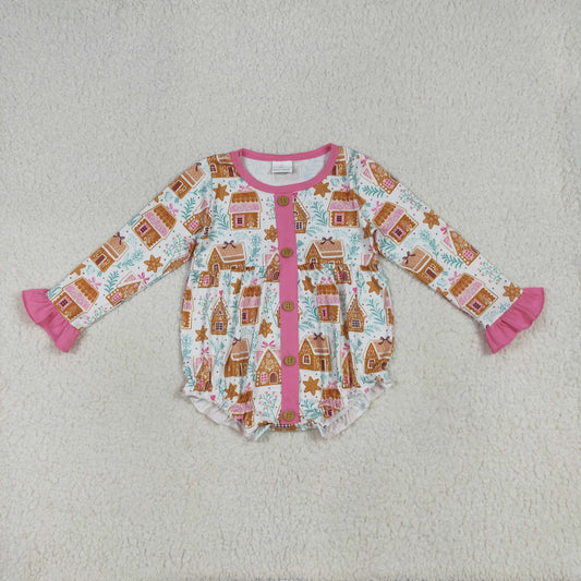 LR2282 Christmas gingerbread house pink long sleeve girls romper