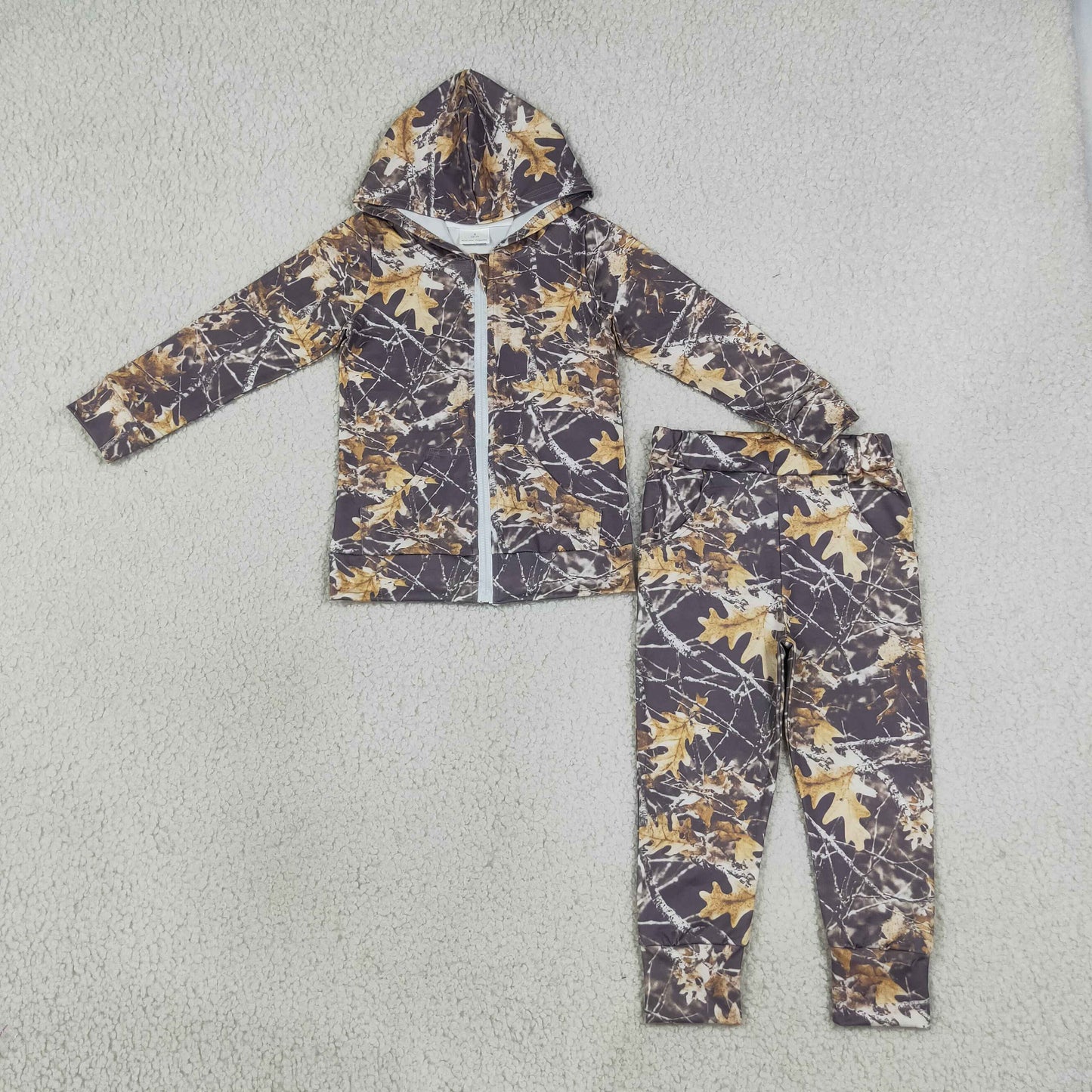 BLP1439 Hunting Camo Grey Zipper Hoodie Long Sleeve Pants Boys Set