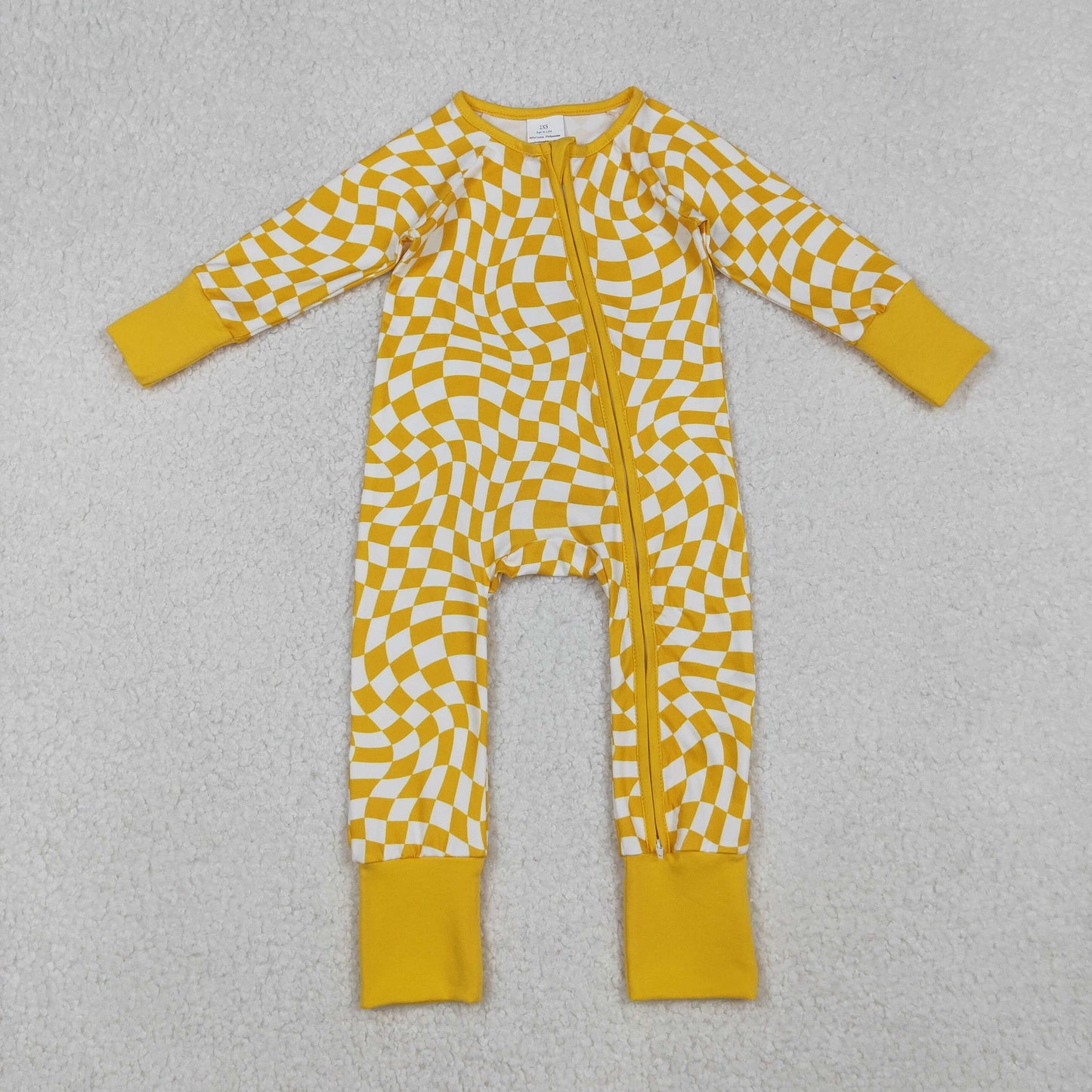 LR1089 yellow checkered long sleeve zipper girls romper