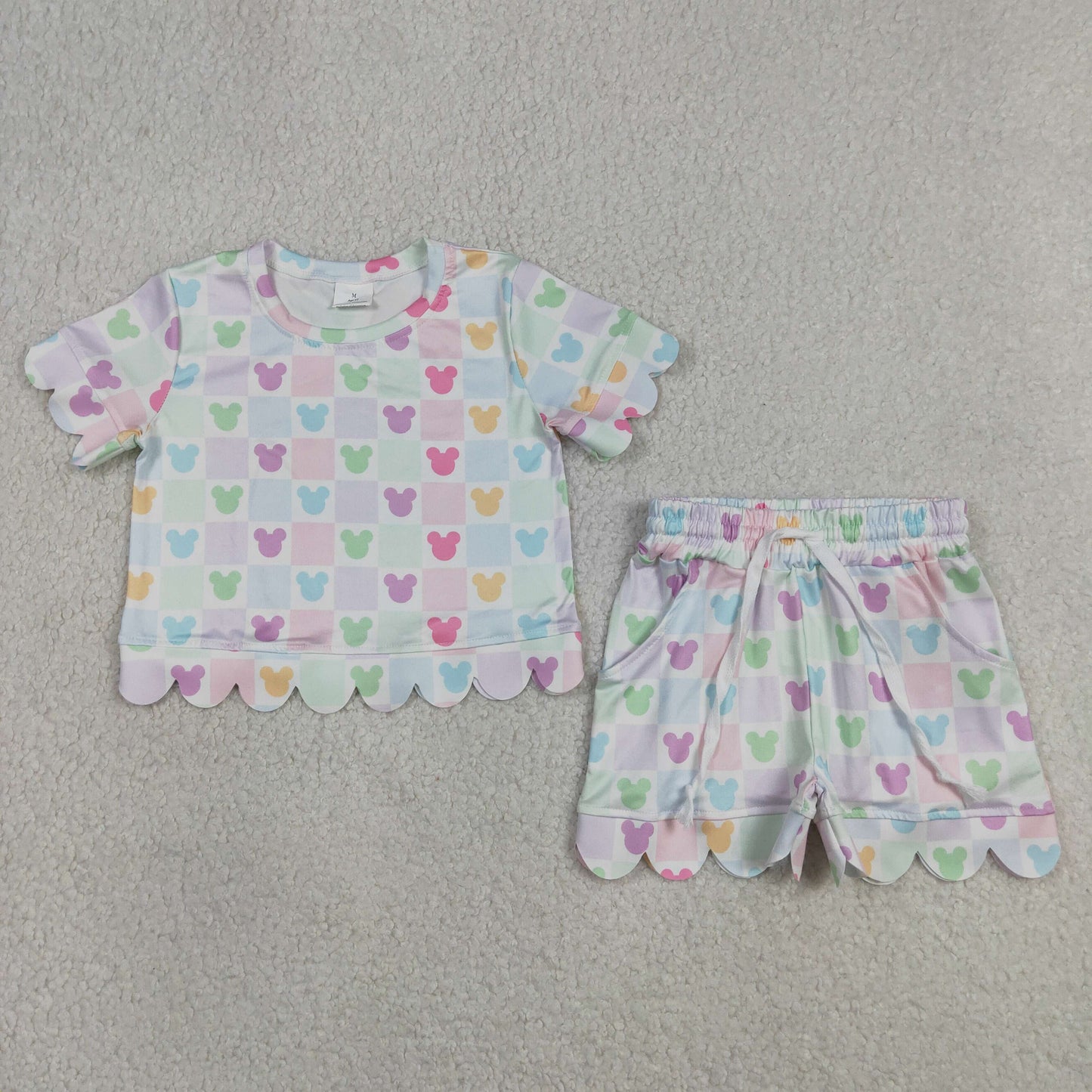 GSSO3496 Scallop Cartoon M Colorful Checkered Short Sleeve Shorts Girls Set