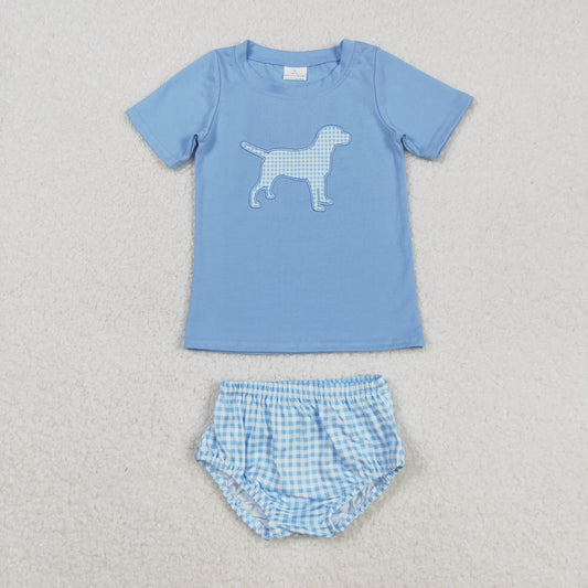 embroidery cute dog pet blue short sleeve boys bummies set