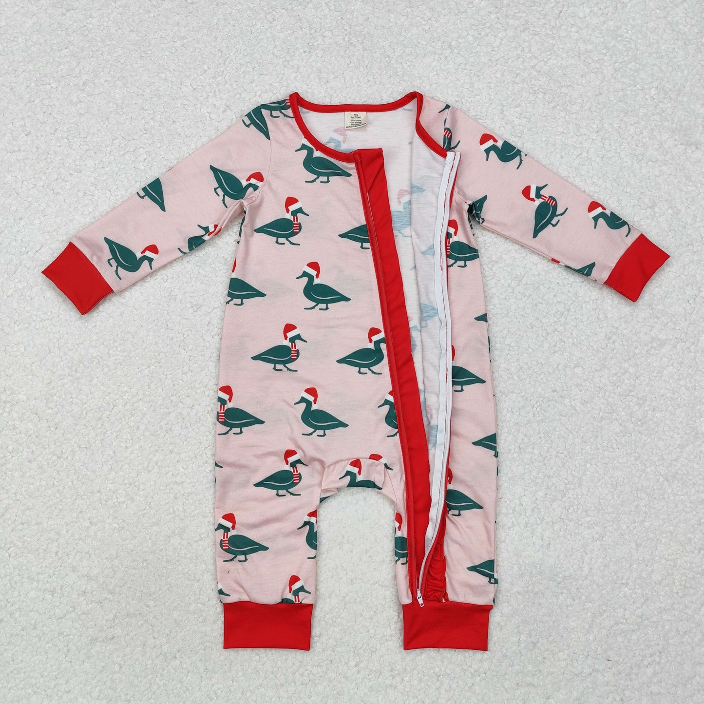 bamboo LR1862 Christmas mallard duck hat pink long sleeve zipper girls romper