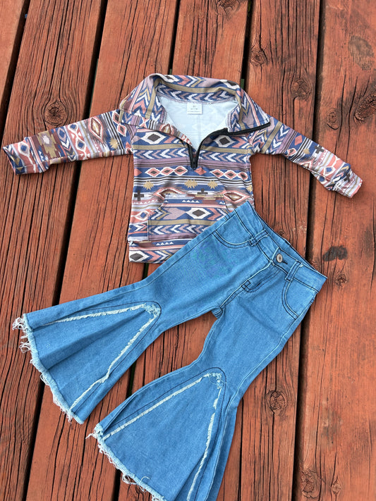 Western Aztec pocket zipper long sleeve blue bell bottoms jeans girls set