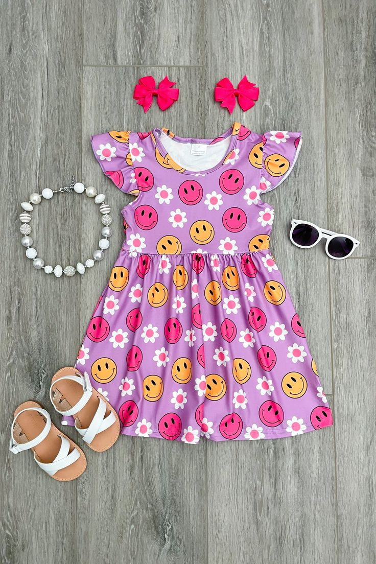 custom Smile Purple Flutter Sleeve Girls Dress