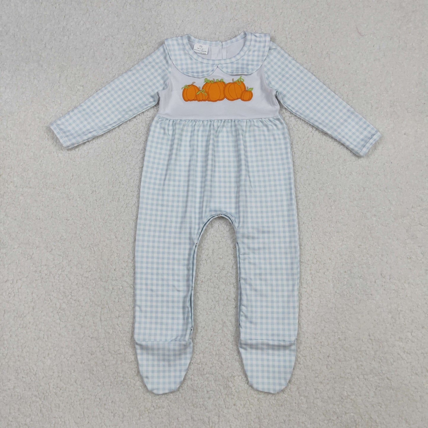 LR2560 Autumn pumpkin blue checkered long sleeve girls romper