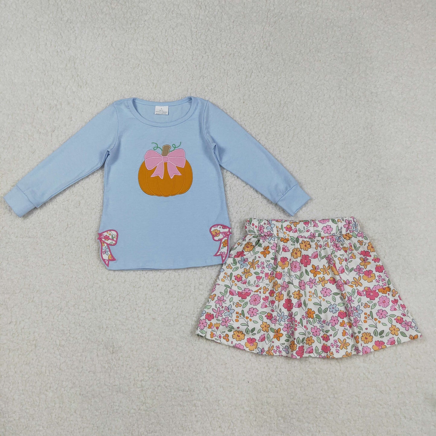 embroidery GLD1172 spilt side bows pumpkin bow blue long sleeve flowers skirt skorts girls set