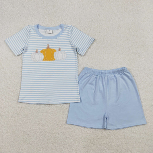BSSO1548 Autumn pumpkin blue striped short sleeve shorts boys set