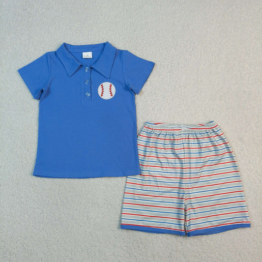 Embroidery BSSO1877 Baseball Blue Short Sleeve Shorts Boys Set