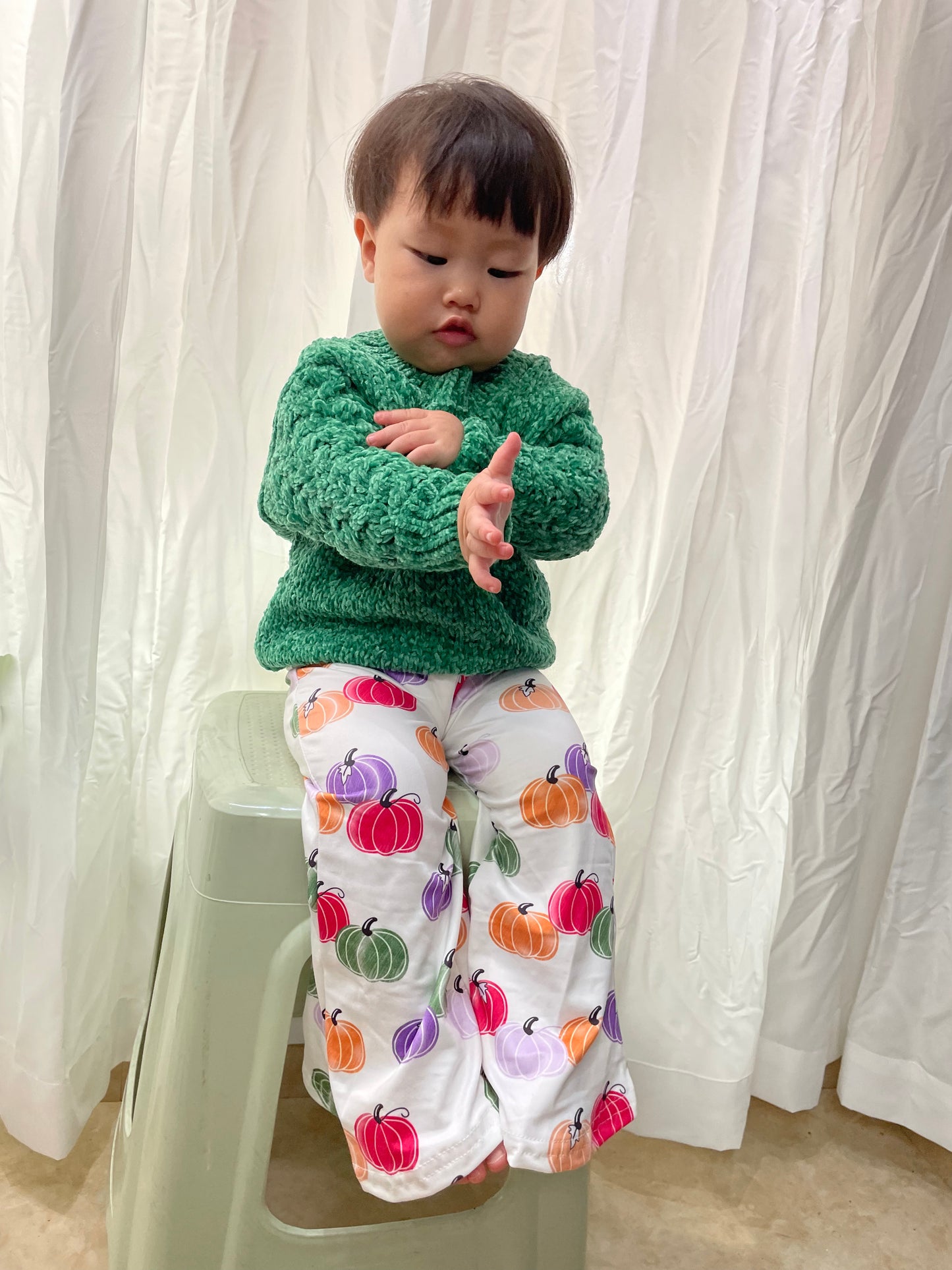 GLP0537 Green sweater long sleeve pumpkin pants girls set