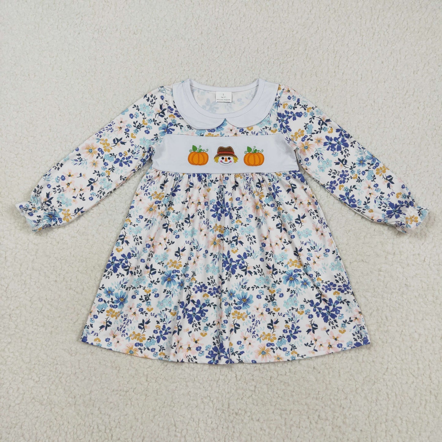 GLD1071 embroidery pumpkin scarecrow flowers floral long sleeve girls dress