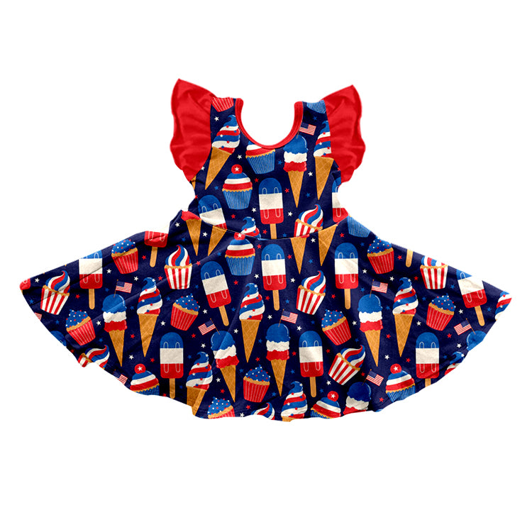 preorder GSD0755 July 4th Ice Star Navy Red Flutter Sleeve Girls Dress