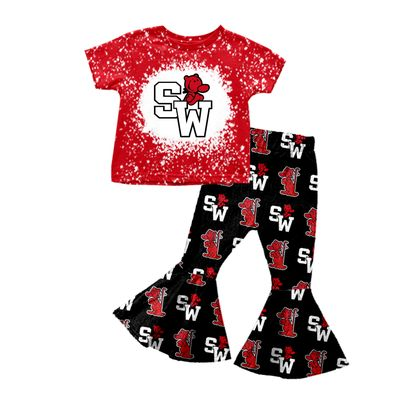 custom style SW football red short sleeve black pants girls set moq 3