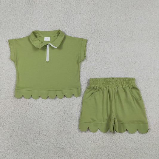 GSSO3375 Scallop Green Zipper Short Sleeve Shorts Girls Set