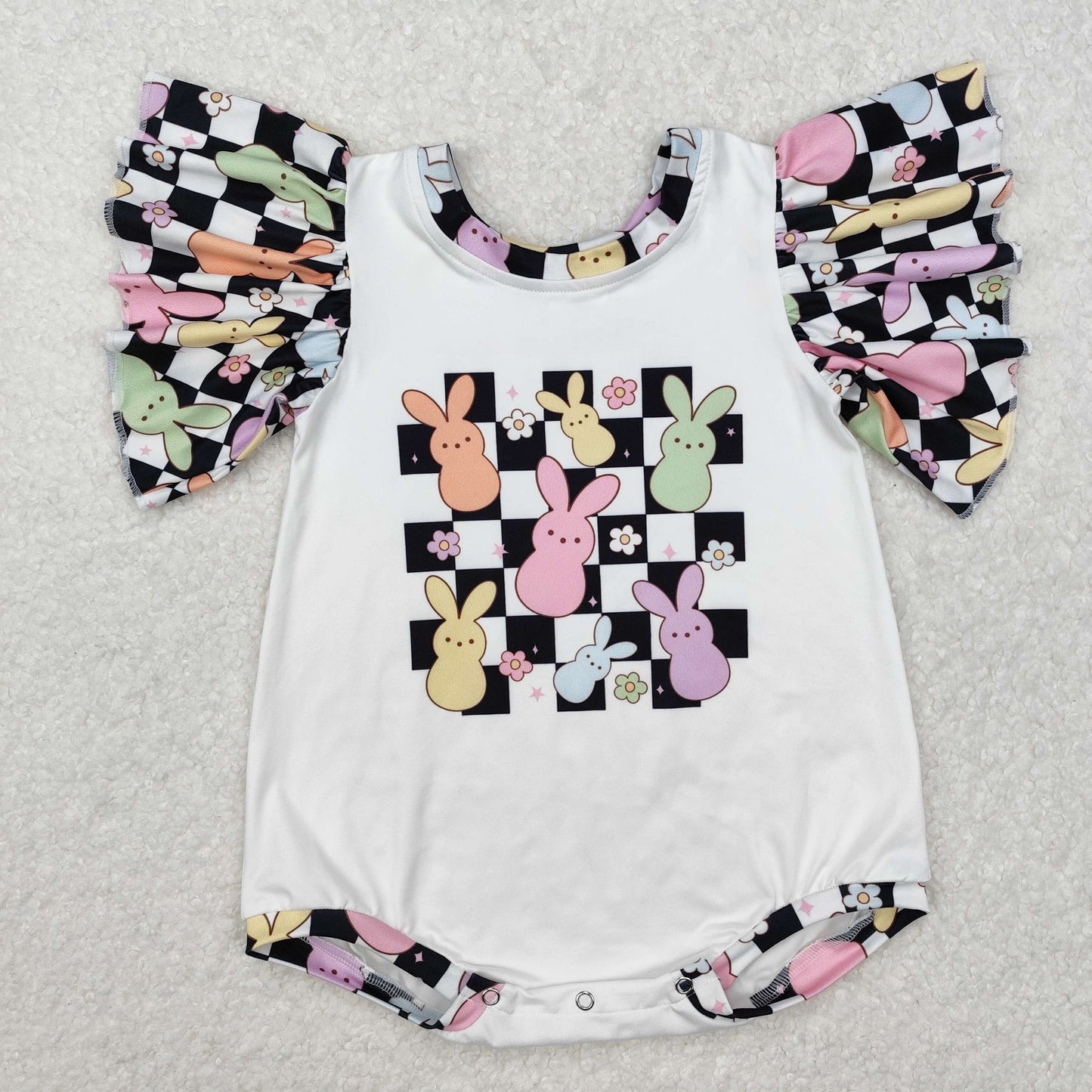 SR2227 Easter colorful bunny rabbit checkered short sleeve girls romper