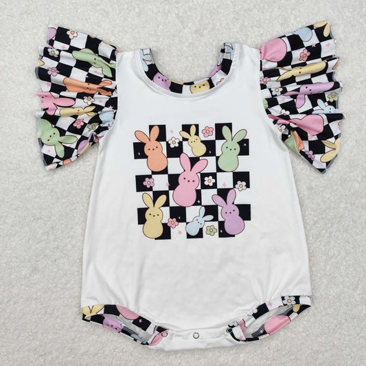 SR2227 Easter colorful bunny rabbit checkered short sleeve girls romper