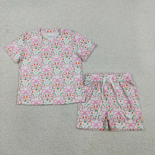 GSSO3379 Flowers Pink Bows Short Sleeve Shorts Girls Set