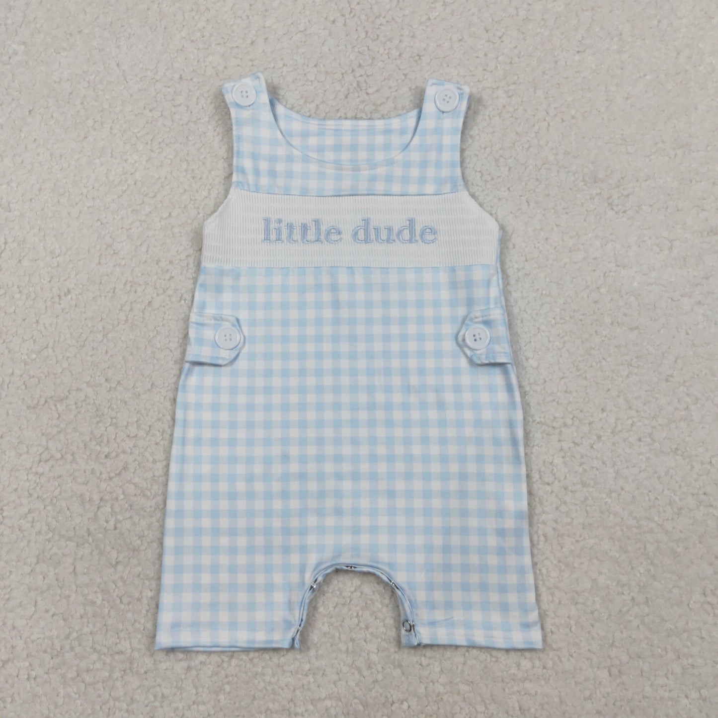 Embroidery SR3482 Little Dude Blue Checkered Sleeveless Boys Romper