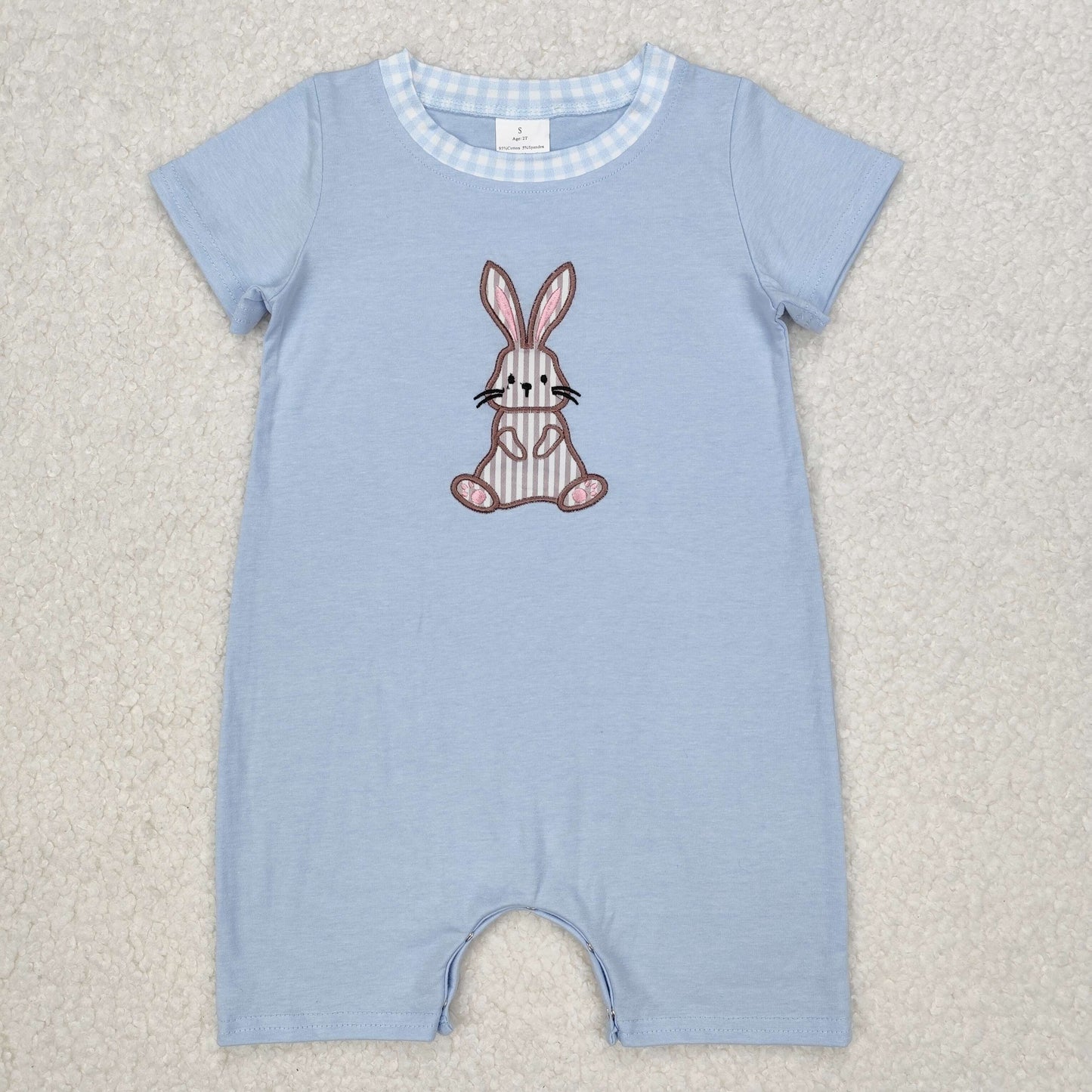 embroidery SR2404 Easter Bunny Rabbit Blue Short Sleeve Boys Romper