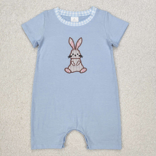 embroidery SR2404 Easter Bunny Rabbit Blue Short Sleeve Boys Romper