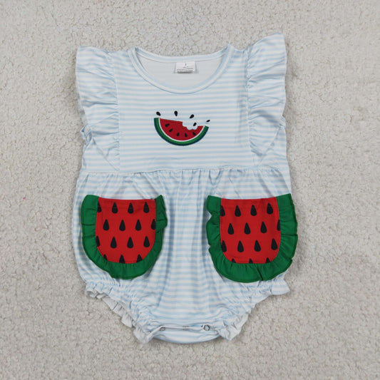 Embroidery SR4153 Summer Watermelon Pocket Flutter Sleeve Girls Romper