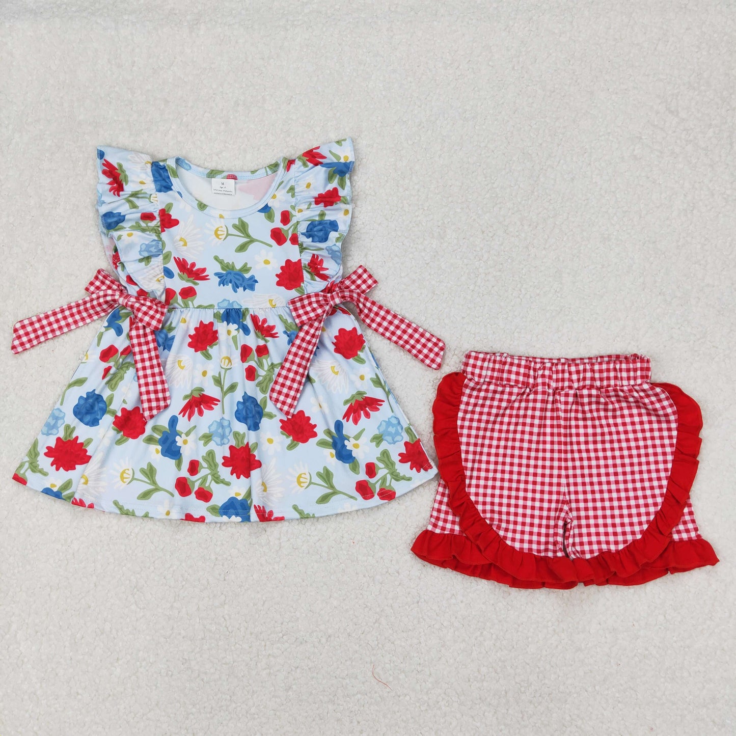 GSSO1930 Red Blue Flowers Bows Ruffles Sleeve Red Checkered Ruffles Shorts Girls Set