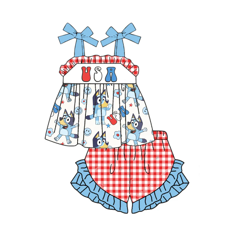 custom style July 4th blue dog USA blue top red checkered shorts girls set