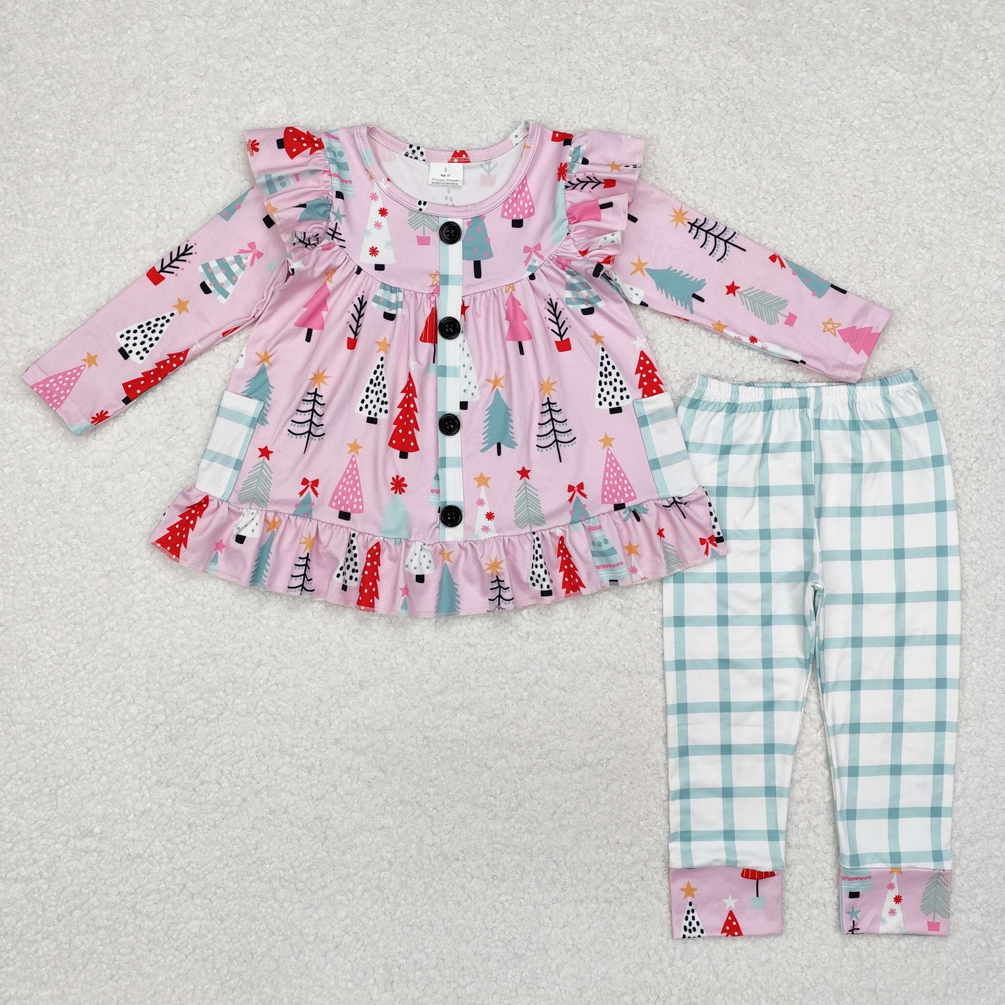 GLP1998 Christmas cute tree pink pockets long sleeve checkered pants girls set