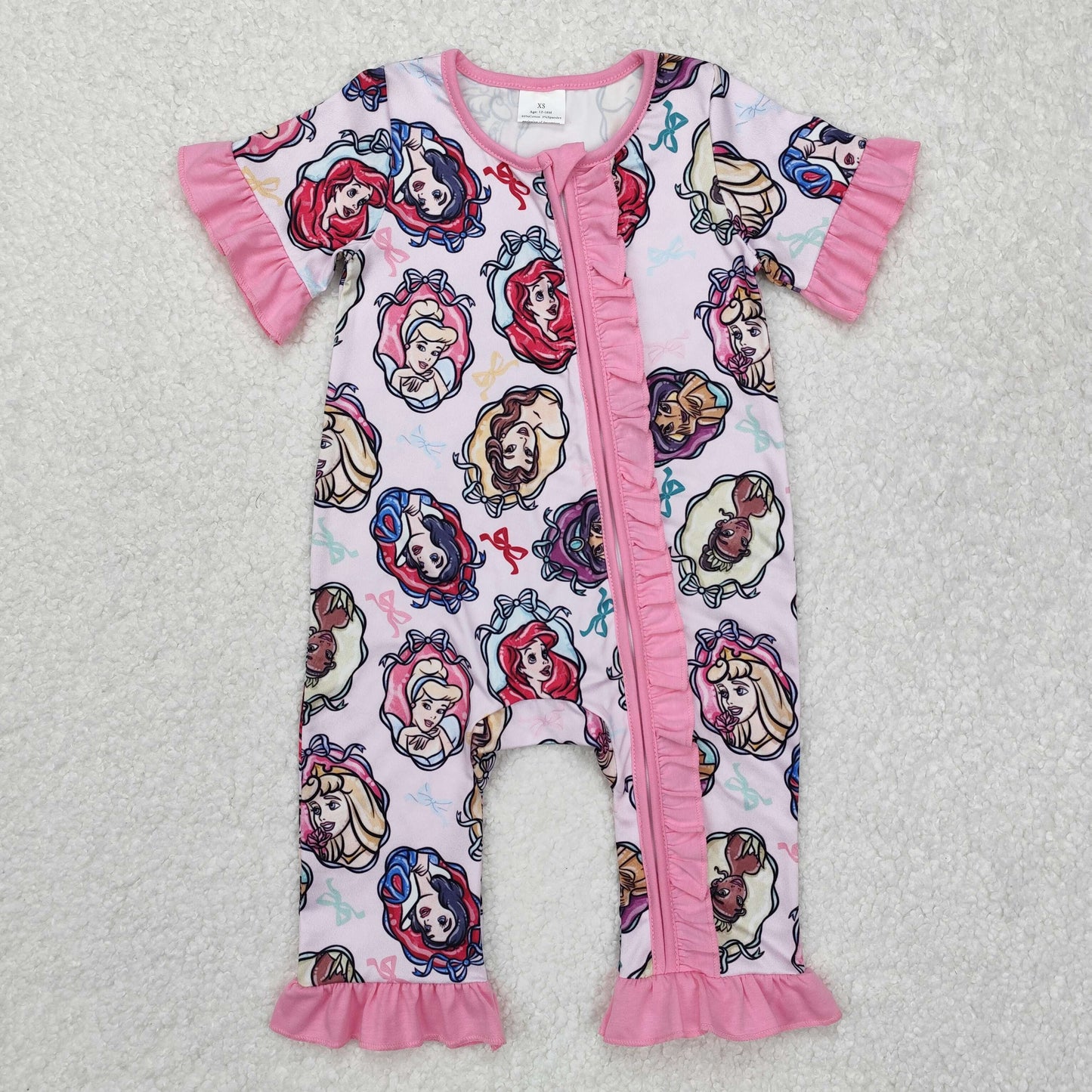 SR2309 cartoon princess pink bows ruffles zipper short sleeve girls romper