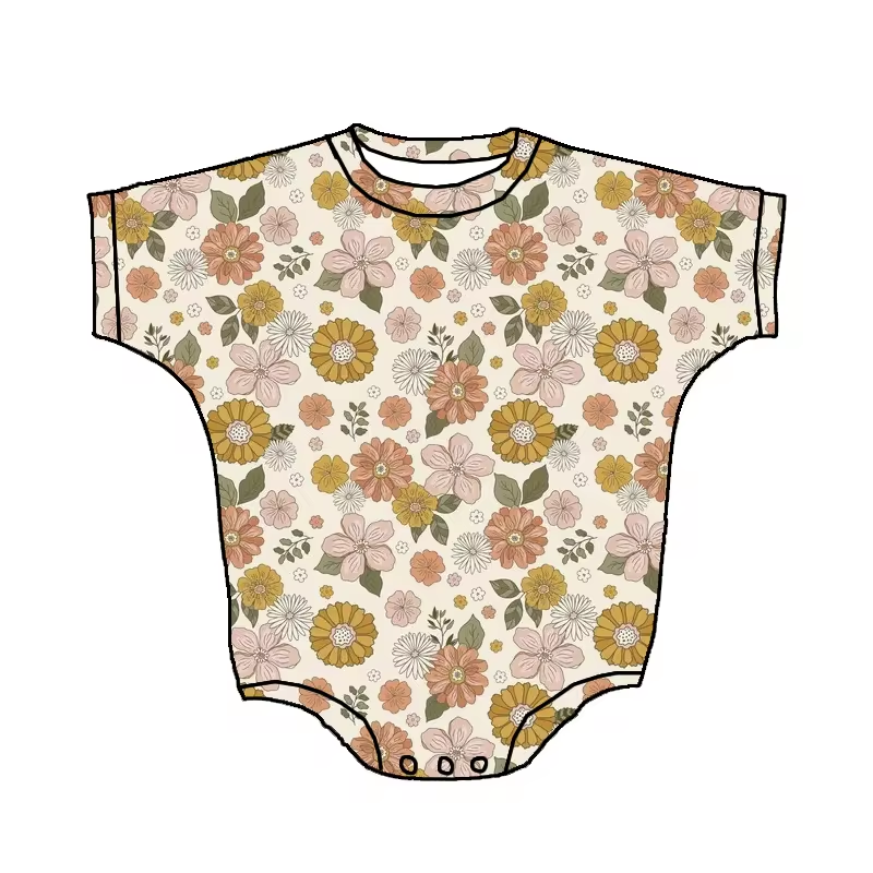 Custom colorful flowers short sleeve girls romper