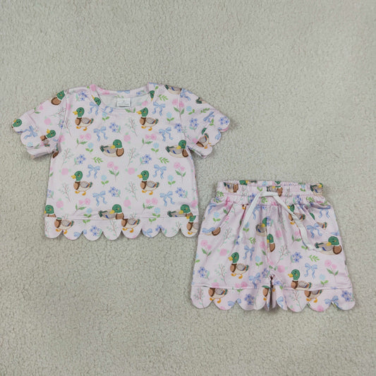 GSSO3737 Scallop Mallard Duck Bows Short Sleeve Shorts Girls Set
